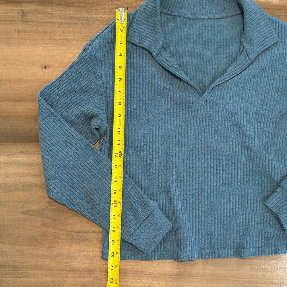 SHEIN Blue Ribbed Knit Collared Pullover Sweater Long Sleeve Casual Cozy Top - Picture 3 of 6
